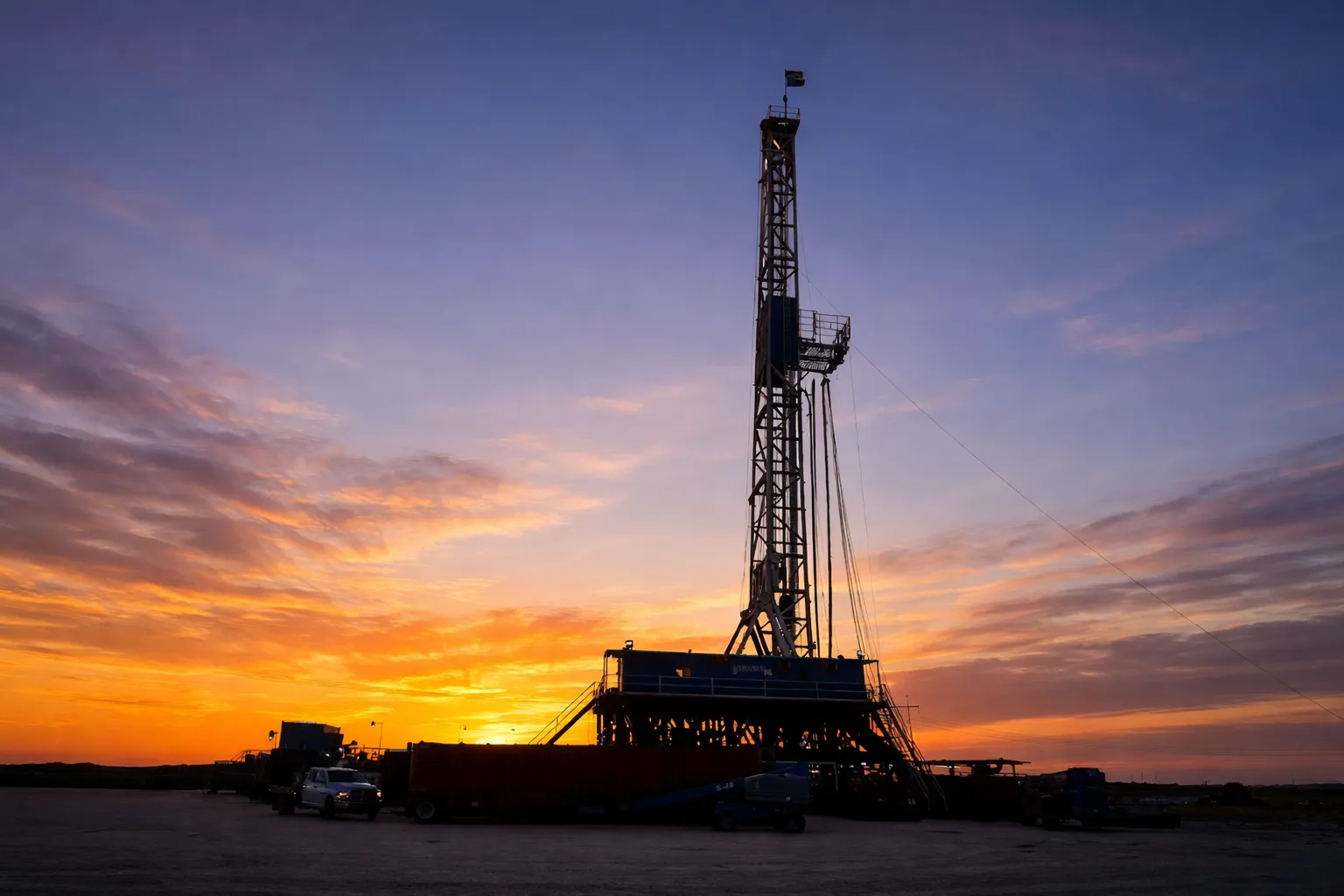 Representative drilling rig at sunset, Oklahoma